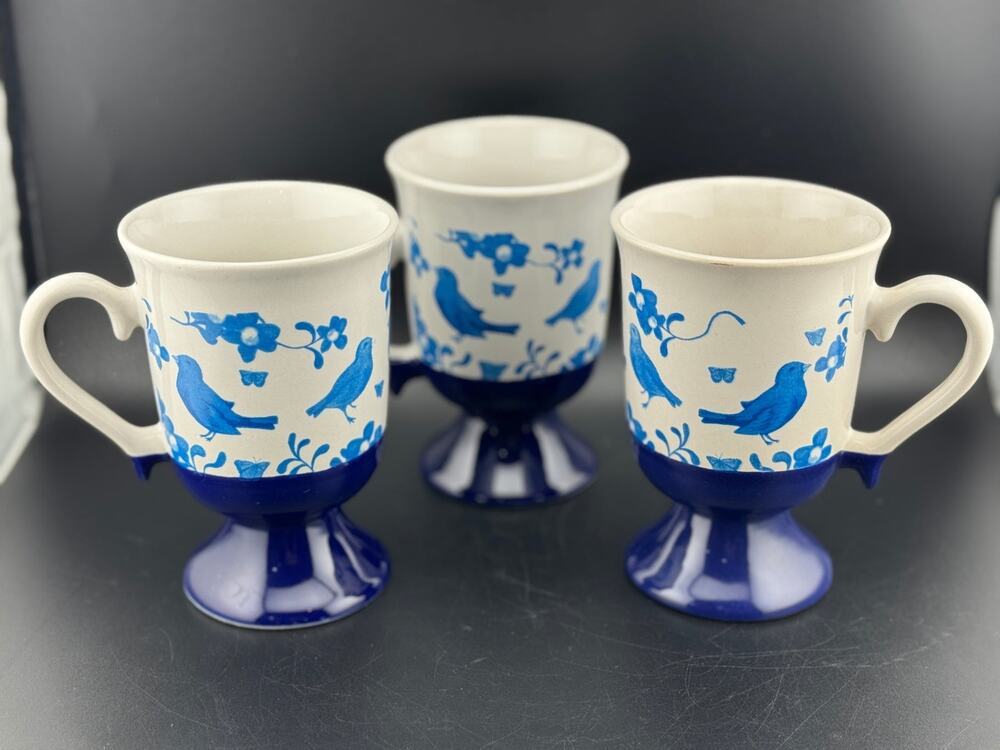 Blue Bird Pedestal Mugs, Set of 3
